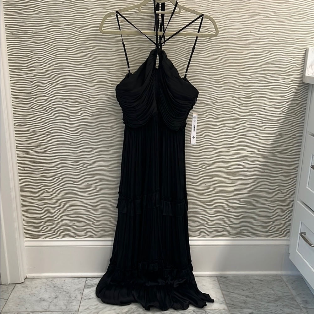 Aqua Black Ruched Maxi Dress with Strappy Neckline